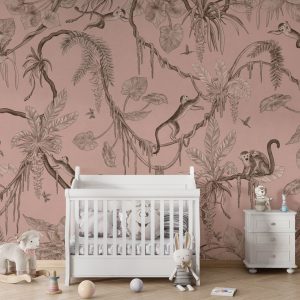 Φωτοταπετσαρία Playful Monkeys, monochrome pink - Kikki Belle 60890