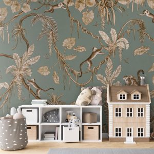 Φωτοταπετσαρία Playful Monkeys, vintage green - Kikki Belle 60895