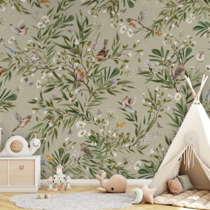 Φωτοταπετσαρία Playful Robins, green - Kikki Belle 60900