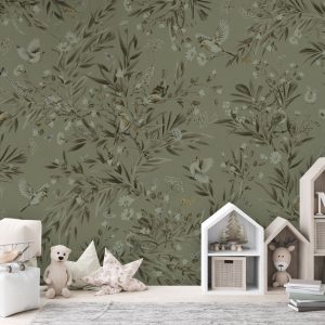 Φωτοταπετσαρία Playful Robins, monochrome green - Kikki Belle 60903