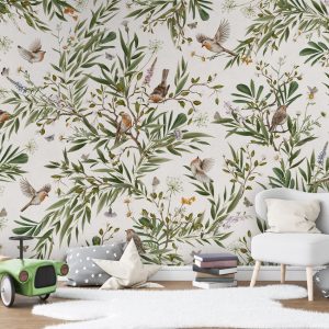 Φωτοταπετσαρία Playful Robins, white - Kikki Belle 60912