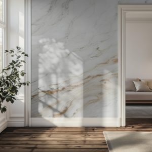 Φωτοταπετσαρία Λευκό Μάρμαρο με Χρυσές Φλέβες τοποθετημένη σε τοίχο δωματίου