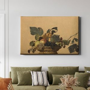 Πίνακας σε καμβά «Καλάθι με Φρούτα» του Caravaggio κρεμασμένος σε τοίχο τραπεζαρίας