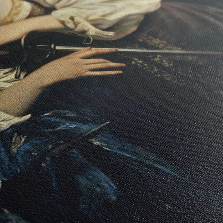 Κοντινή λήψη στην ύφανση του καμβά με λεπτομέρεια από το χέρι και το σπαθί της αγίας
