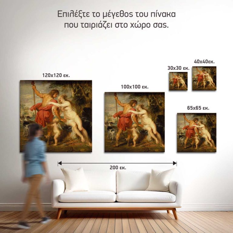 Σύγκριση των πέντε διαθέσιμων τετράγωνων διαστάσεων του πίνακα σε τοίχο σαλονιού