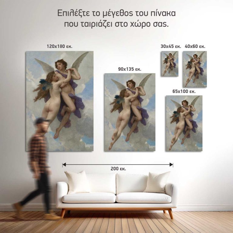 Σύγκριση των πέντε διαθέσιμων διαστάσεων του πίνακα «Έρωτας και Ψυχή» σε τοίχο σαλονιού