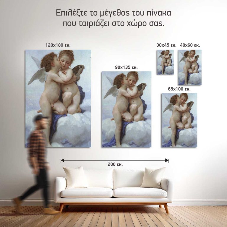 Σύγκριση των πέντε διαθέσιμων διαστάσεων του πίνακα «Έρωτας και Ψυχή ως Παιδιά» σε τοίχο σαλονιού