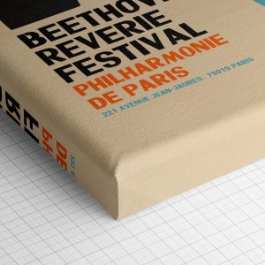 Λεπτομέρεια γωνίας του καμβά «Αφηρημένο Μουσικό Πορτρέτο» — τυπωμένο πλαϊνό και ύφανση βαμβακερού καμβά