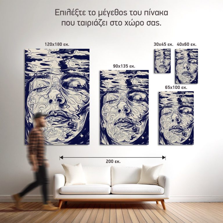 Οι πέντε διαθέσιμες διαστάσεις του πίνακα «Βυθισμένος Ονειροπόλος» σε τοίχο δωματίου