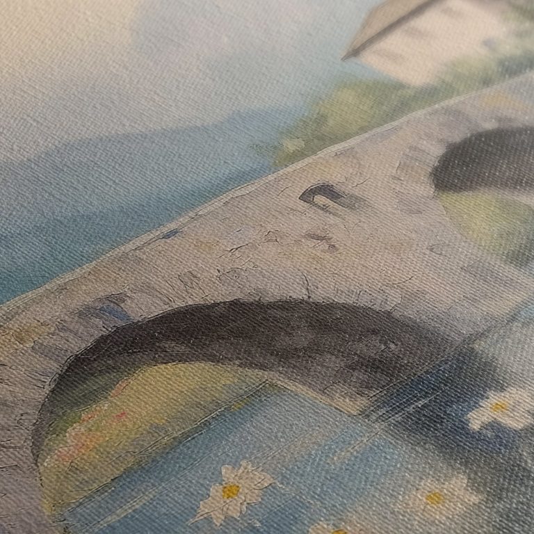 Κοντινή λήψη στην ύφανση του καμβά «Γέφυρα σε Κοιλάδα Ποταμού»