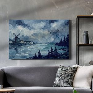 Πίνακας σε καμβά «Γαλήνιος Ανεμόμυλος στο Νερό» κρεμασμένος σε τοίχο δωματίου