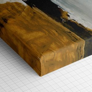 Λεπτομέρεια γωνίας του καμβά «Γεωμετρικό Αφηρημένο σε Ώχρα» — τυπωμένο πλαϊνό και ύφανση βαμβακερού καμβά