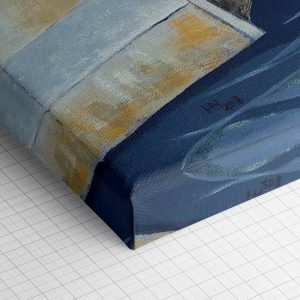 Λεπτομέρεια γωνίας του καμβά «Γραφική Πόλη στο Ποτάμι» — τυπωμένο πλαϊνό και ύφανση βαμβακερού καμβά