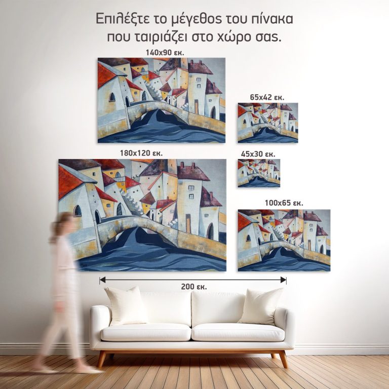 Οι πέντε διαθέσιμες διαστάσεις του πίνακα «Γραφική Πόλη στο Ποτάμι» σε τοίχο δωματίου