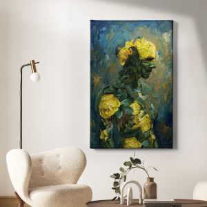 Πίνακας σε καμβά «Γυναίκα με Κίτρινο Τριαντάφυλλο» κρεμασμένος σε τοίχο δωματίου