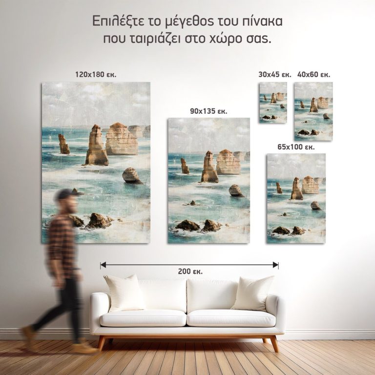 Δώδεκα Απόστολοι, Αυστραλία — Οι πέντε διαθέσιμες διαστάσεις του πίνακα «Επιβλητικοί Θαλάσσιοι Βράχοι» σε τοίχο δωματίου