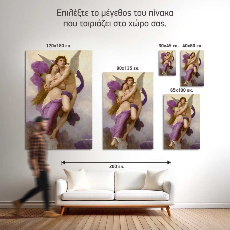 Σύγκριση των πέντε διαθέσιμων διαστάσεων του πίνακα «Η Αρπαγή της Ψυχής» σε τοίχο σαλονιού