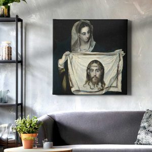 Πίνακας σε καμβά «Η Βερονίκη με το Άγιο Μανδήλιο» του Ελ Γκρέκο κρεμασμένος σε τοίχο σαλονιού