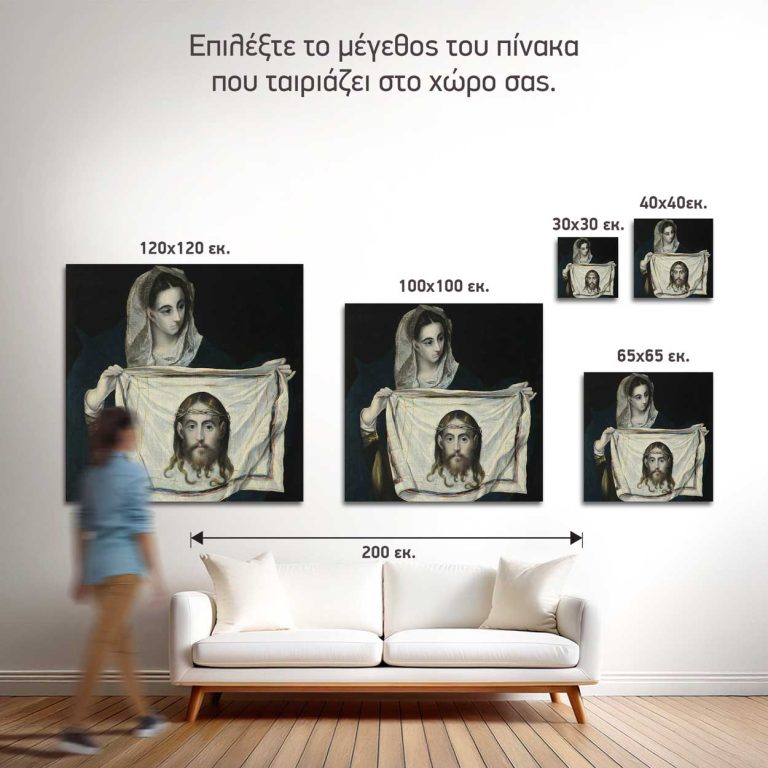 Σύγκριση των πέντε διαθέσιμων διαστάσεων του πίνακα «Η Βερονίκη με το Άγιο Μανδήλιο» σε τοίχο σαλονιού