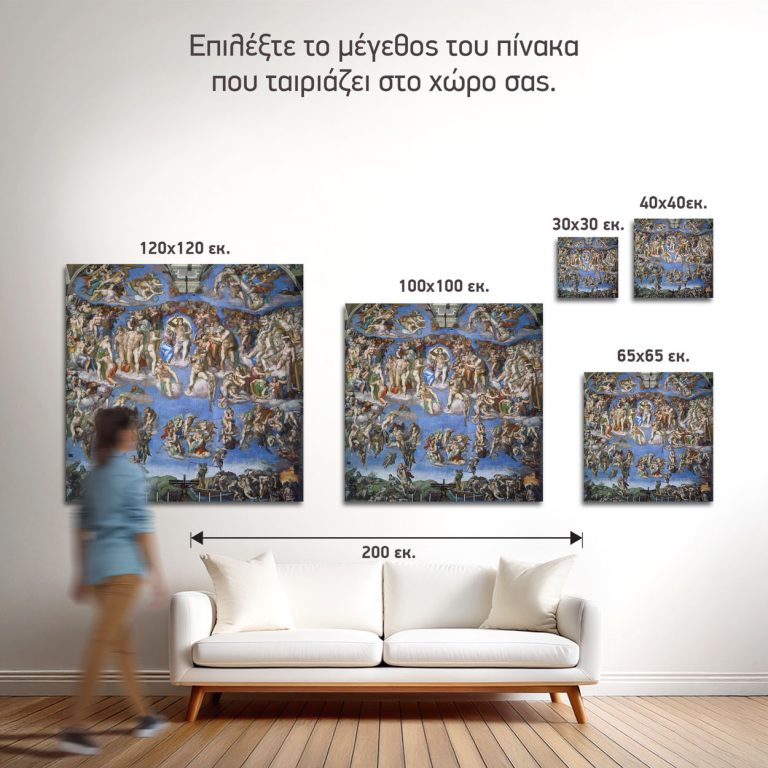 Σύγκριση των πέντε διαθέσιμων διαστάσεων του πίνακα «Η Δευτέρα Παρουσία» σε τοίχο σαλονιού