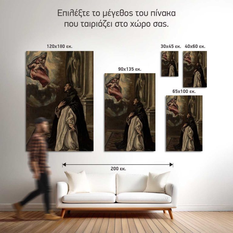 Σύγκριση των πέντε διαθέσιμων διαστάσεων του πίνακα «Η Εμφάνιση της Παναγίας στον Άγιο Υάκινθο» σε τοίχο σαλονιού