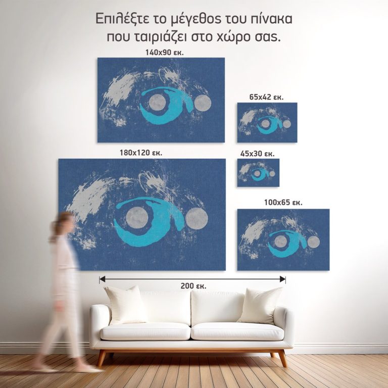 Οι πέντε διαθέσιμες διαστάσεις του πίνακα «Κοσμικό Γαλάζιο Μάτι» σε τοίχο δωματίου