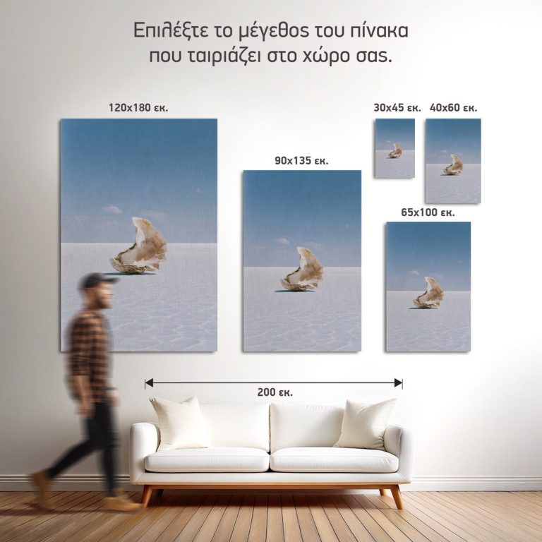 Οι πέντε διαθέσιμες διαστάσεις του πίνακα «Κοχύλι στην Αλυκή» σε τοίχο δωματίου