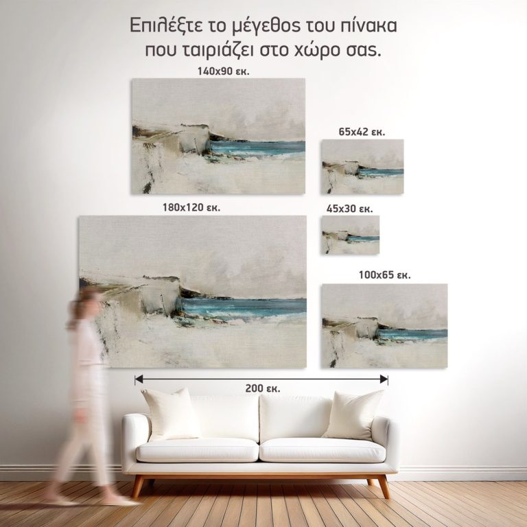 Οι πέντε διαθέσιμες διαστάσεις του πίνακα «Λευκοί Βράχοι στον Ωκεανό» σε τοίχο δωματίου