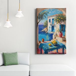 Πίνακας σε καμβά «Μεσογειακό Σπίτι με Λεμονιές» κρεμασμένος σε τοίχο δωματίου