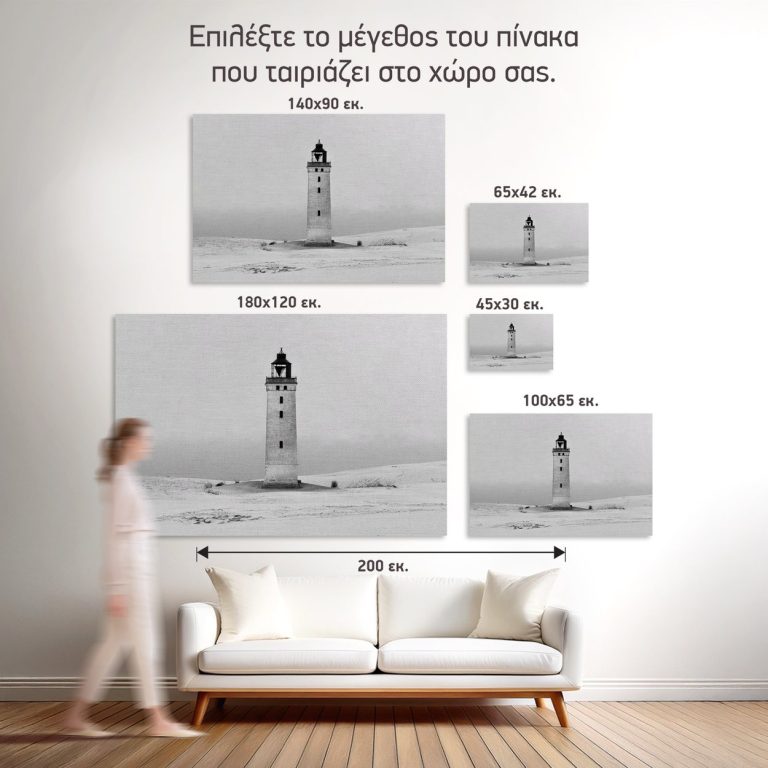 Φάρος Rubjerg Knude, Δανία — Οι πέντε διαθέσιμες διαστάσεις του πίνακα «Μοναχικός Φάρος στην Ακτή» σε τοίχο δωματίου