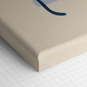 Λεπτομέρεια γωνίας του καμβά «Μπλε Γάτες και Χρυσός Ήλιος» — τυπωμένο πλαϊνό και ύφανση βαμβακερού καμβά