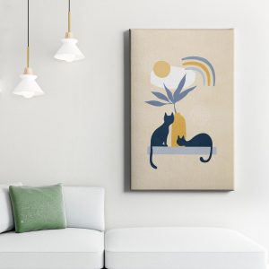 Πίνακας σε καμβά «Μπλε Γάτες και Χρυσός Ήλιος» κρεμασμένος σε τοίχο δωματίου