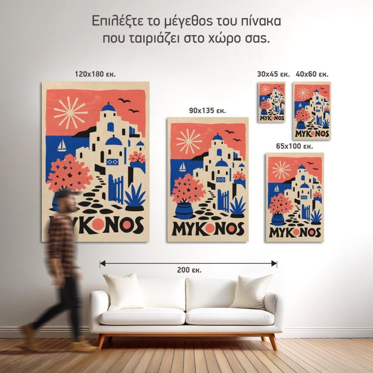 Οι πέντε διαθέσιμες διαστάσεις του πίνακα «Μπλε Τρούλοι της Μυκόνου» σε τοίχο δωματίου