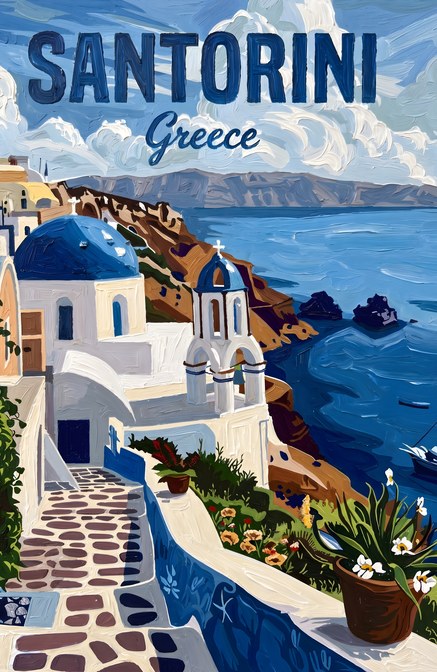 Μπλε Τρούλοι της Σαντορίνης — το σχέδιο του πίνακα σε καμβά
