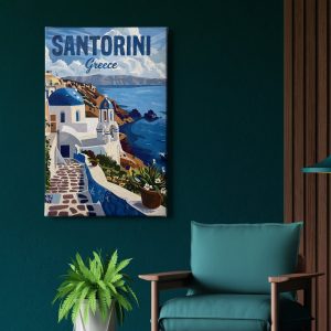 Πίνακας σε καμβά «Μπλε Τρούλοι της Σαντορίνης» κρεμασμένος σε τοίχο δωματίου