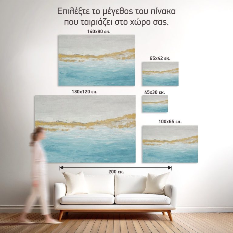 Οι πέντε διαθέσιμες διαστάσεις του πίνακα «Μπλε και Χρυσή Αφηρημένη Θαλασσογραφία» σε τοίχο δωματίου