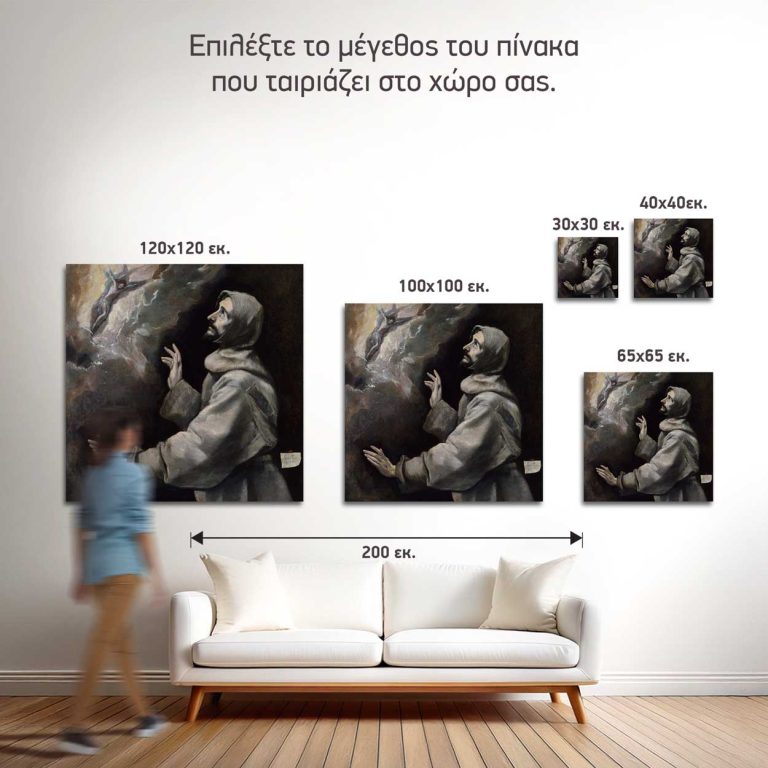 Σύγκριση των πέντε διαθέσιμων διαστάσεων του πίνακα «Ο Άγιος Φραγκίσκος λαμβάνει τα Στίγματα» σε τοίχο σαλονιού