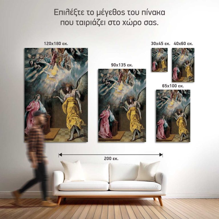 Σύγκριση των πέντε διαθέσιμων διαστάσεων του πίνακα «Ο Ευαγγελισμός» σε τοίχο σαλονιού