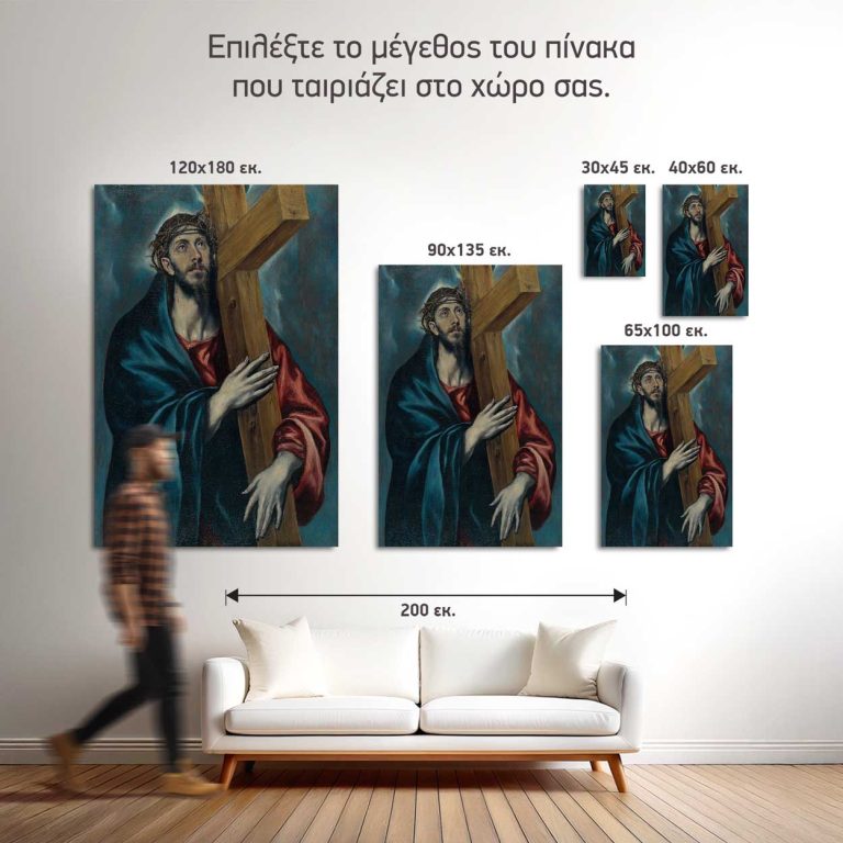 Σύγκριση των πέντε διαθέσιμων διαστάσεων του πίνακα «Ο Χριστός Φέρων τον Σταυρό» σε τοίχο σαλονιού