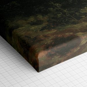 Λεπτομέρεια γωνίας του καμβά «Ομιχλώδης Ορεινή Λίμνη» — τυπωμένο πλαϊνό και ύφανση βαμβακερού καμβά