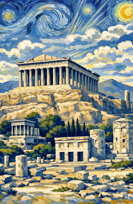 Παρθενώνας τη Νύχτα των Άστρων — το σχέδιο του πίνακα σε καμβά