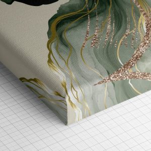 Λεπτομέρεια γωνίας του καμβά «Ρευστή Χρυσοπράσινη Άνθιση» — τυπωμένο πλαϊνό και ύφανση βαμβακερού καμβά