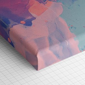 Λεπτομέρεια γωνίας του καμβά «Ροζ-Μπλε Αφηρημένη Ροή» — τυπωμένο πλαϊνό και ύφανση βαμβακερού καμβά