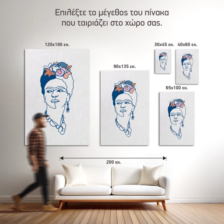 Οι πέντε διαθέσιμες διαστάσεις του πίνακα «Στιλιζαρισμένο Φλοράλ Πορτρέτο» σε τοίχο δωματίου