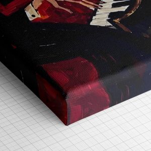Λεπτομέρεια γωνίας του καμβά «Τζαζ Μουσικοί» — τυπωμένο πλαϊνό και ύφανση βαμβακερού καμβά