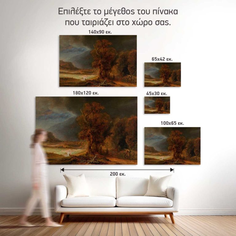 Σύγκριση των πέντε διαθέσιμων διαστάσεων του πίνακα «Τοπίο με τον Καλό Σαμαρείτη» σε τοίχο σαλονιού