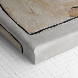 Λεπτομέρεια γωνίας του καμβά «Τρυφερή Αγκαλιά» — τυπωμένο πλαϊνό και ύφανση βαμβακερού καμβά