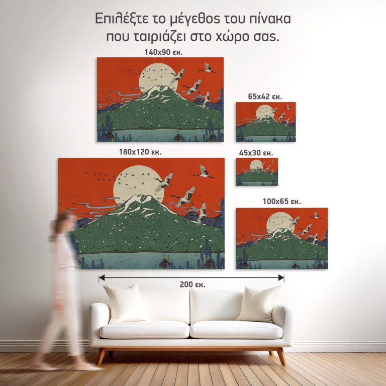 Οι πέντε διαθέσιμες διαστάσεις του πίνακα «Φούτζι, Γερανοί και Ανατολή» σε τοίχο δωματίου