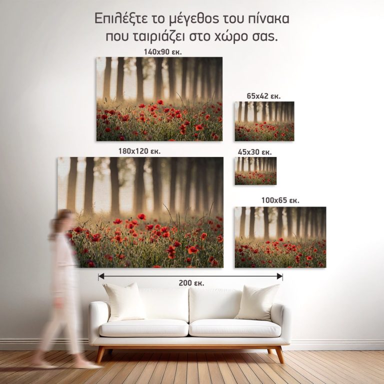 Οι πέντε διαθέσιμες διαστάσεις του πίνακα «Χρυσό Πρωινό με Παπαρούνες» σε τοίχο δωματίου