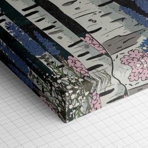 Λεπτομέρεια γωνίας του καμβά «Όμορφο Δάσος Σημύδων» — τυπωμένο πλαϊνό και ύφανση βαμβακερού καμβά